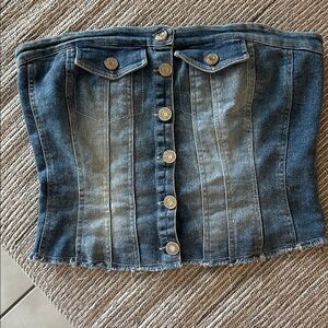 Denim Button-Front Strapless Bustier Top - Blue